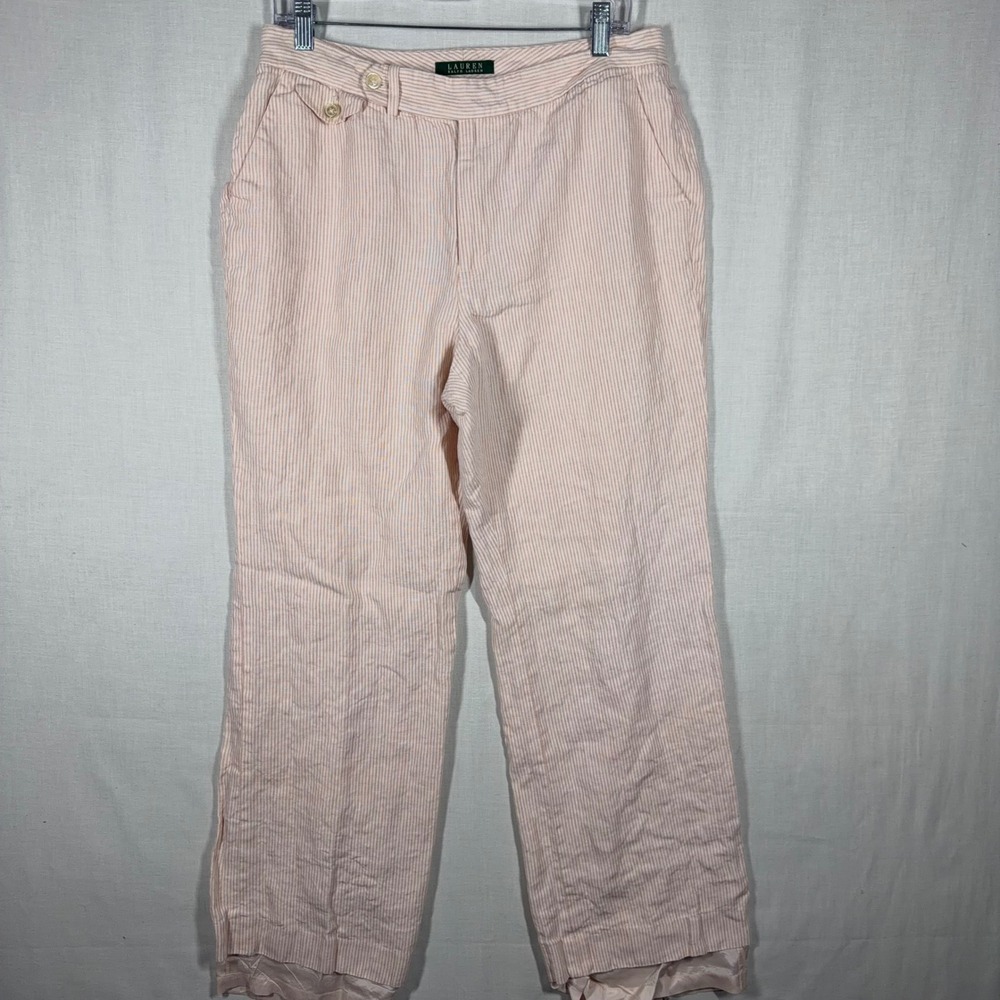 Lauren Ralph Lauren Linen Pants Womens 12 Pink Pinstripe Coastal Quiet Luxury